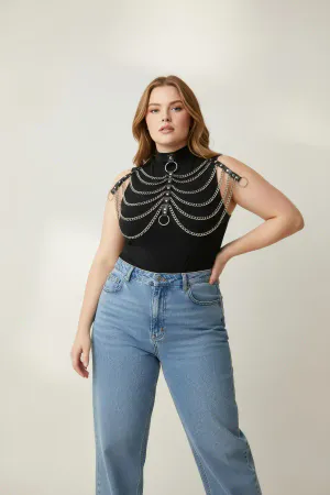 Plus Size Black Women's Belt Chain Detailed Leather Harness Body Accessory - APFT401