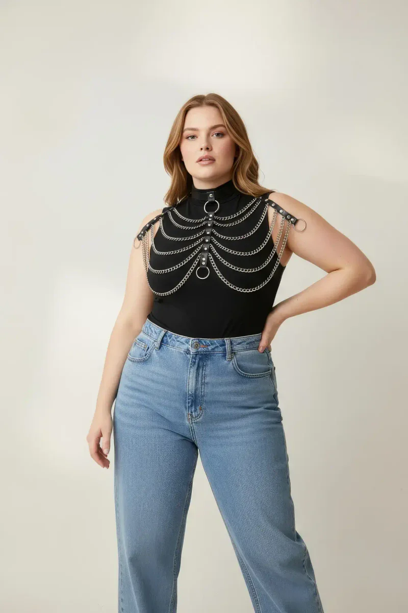 Plus Size Black Women's Belt Chain Detailed Leather Harness Body Accessory - APFT401