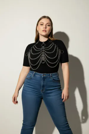 Plus Size Black Women's Belt Chain Detailed Leather Harness Body Accessory - APFT401