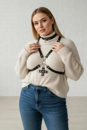 Large Size Black Women's Belt Choker Collar Leather Harness with Cross Detail - APFT404