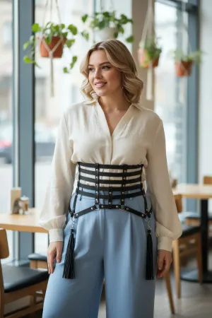 Plus Size Black Women's Corset Belt Leather with Tassel and Chain Detail - APFT408
