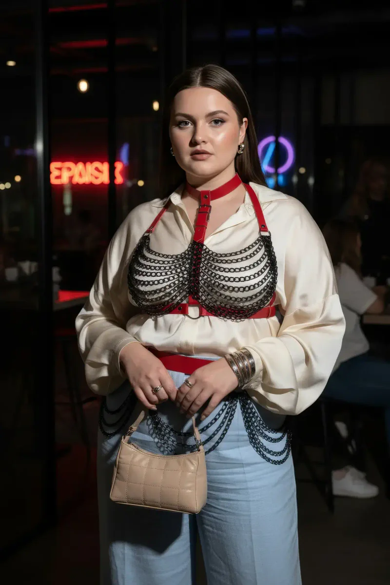 Plus Size Red Women's Belt Chain Detailed Leather Body Accessory - APFT438