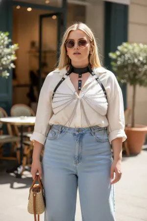 Plus Size Black Women's Belt Chain Detailed Leather Body Accessory - APFT463