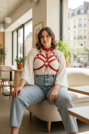 Plus Size Red Women's Belt, Harness Style Leather Body Accessory with Chest Detail - APFT517