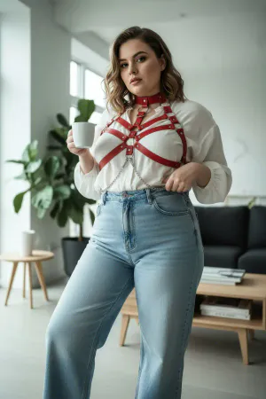 Plus Size Red Women's Belt, Harness Style Leather Body Accessory with Chest Detail - APFT517