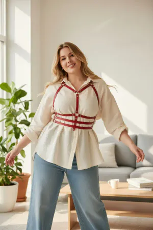 Plus Size Red Women's Belt Corset Detailed Leather Harness Accessory - APFT543