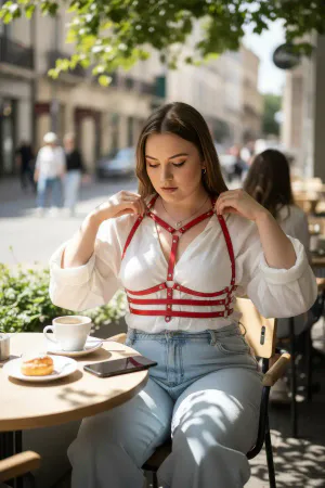 Plus Size Red Women's Belt Corset Detailed Leather Harness Accessory - APFT543