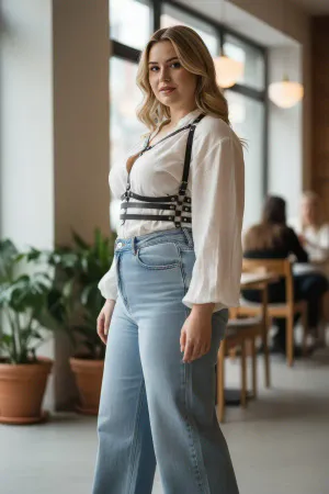 Plus Size Black Women's Belt Leather Body Harness with Staple Detail - APFT543