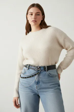 Large Size Black Women's Belt Chain Detailed Double Row Ring Combination Belt - APFT586