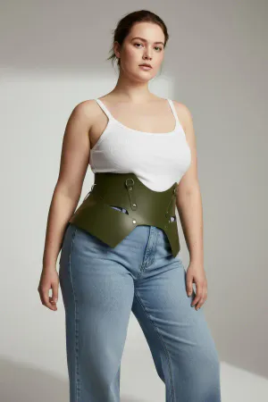 Plus Size Khaki Women's Belt Corset Look Thick Leather - APFT619