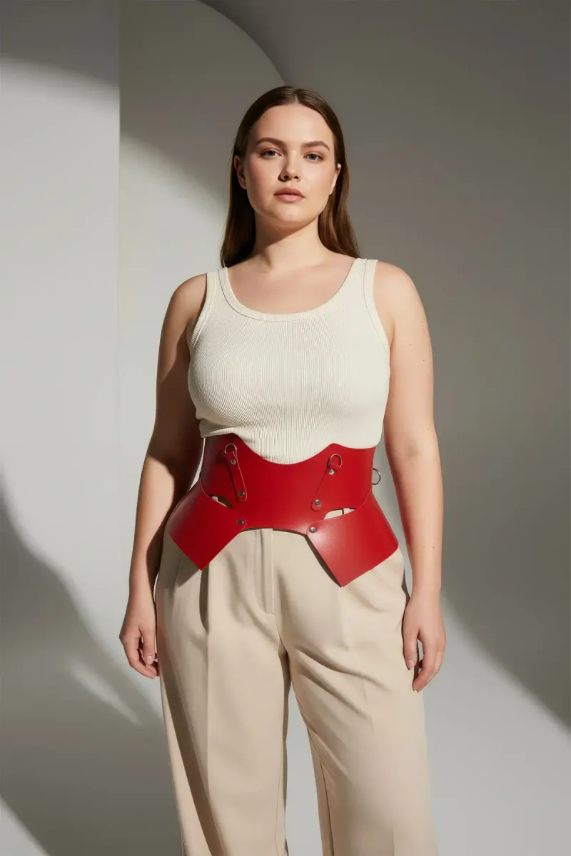 Red vegan leather waist cin