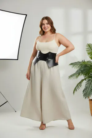 Plus Size Black Women's Belt with Corset Look and Wide Leather Ring Detail - APFT619