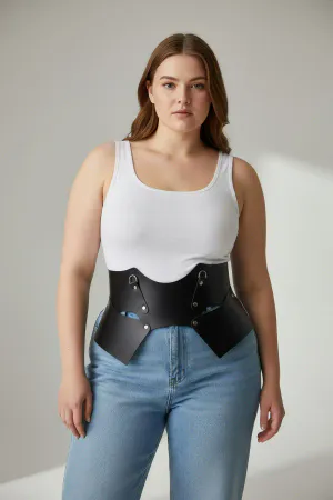 Plus Size Black Women's Belt with Corset Look and Wide Leather Ring Detail - APFT619