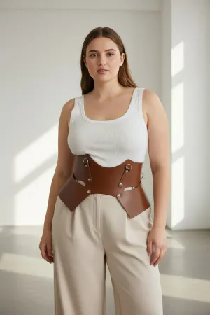 Large Size Tan Women's Belt Wide Corset Style Leather Combination Complement - APFT619