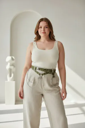 Plus Size Khaki Women's Belt, Chain and Ring Detailed Trend Model - APFT621