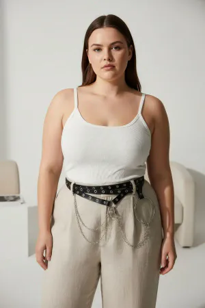 Plus Size Black Women's Belt with Multi-Layered Chain and Stud Detail - APFT621