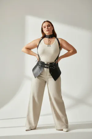 Plus Size Black Women's Leather Belt Neck Linked Corset Harness - APFT622