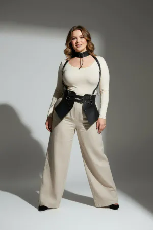 Plus Size Black Women's Leather Belt Neck Linked Corset Harness - APFT622