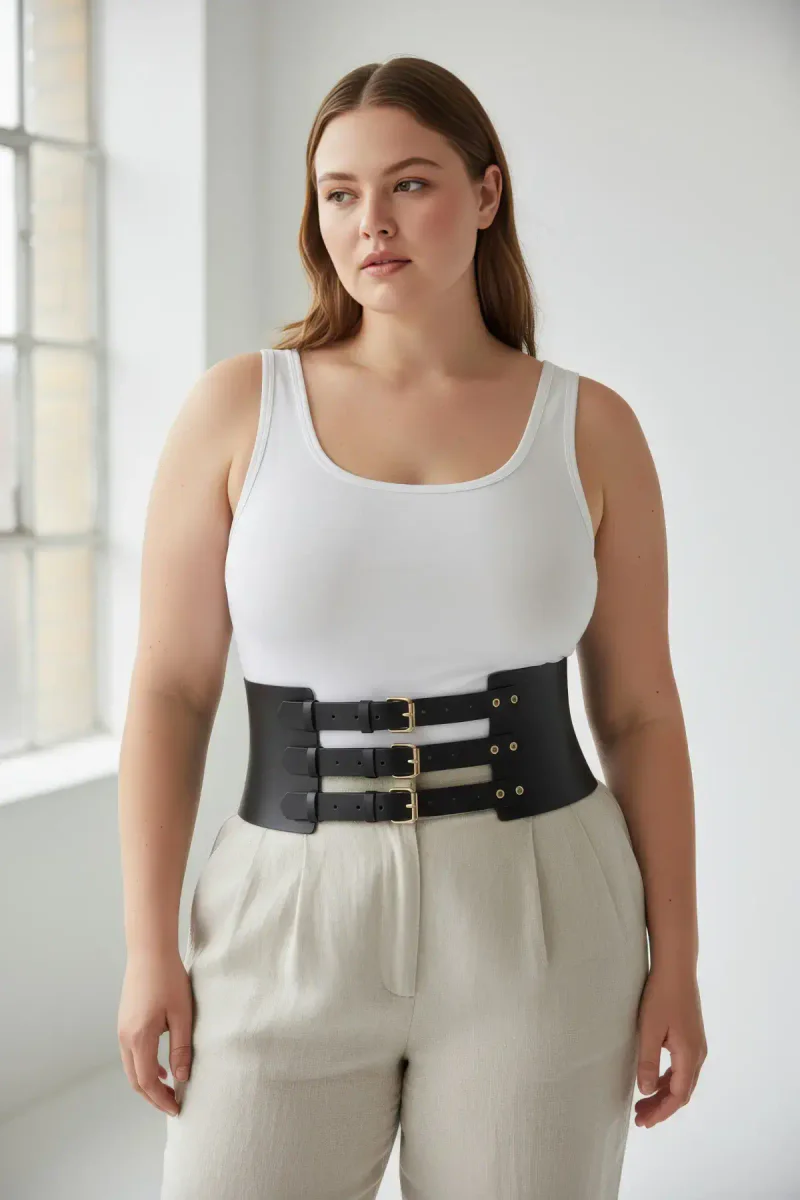 Plus size fashion outfit with black faux leather