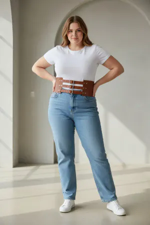 Plus Size Tan Women's Belt Three-Buckle Corset Style Waist Highlighter - APFT624