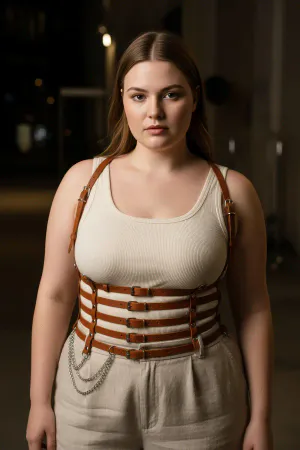 Plus Size Tan Women's Belt Chain Detailed Corset Style Leather Harness - APFT626