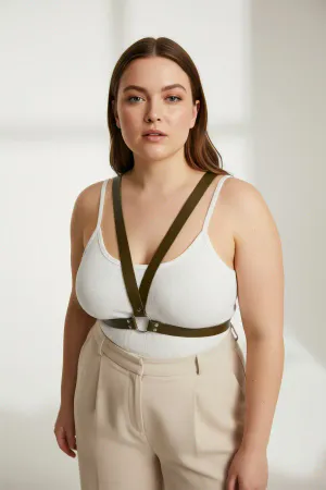 Plus Size Khaki Women's Belt Leather Harness Ring Detailed Body Accessory - APFT633