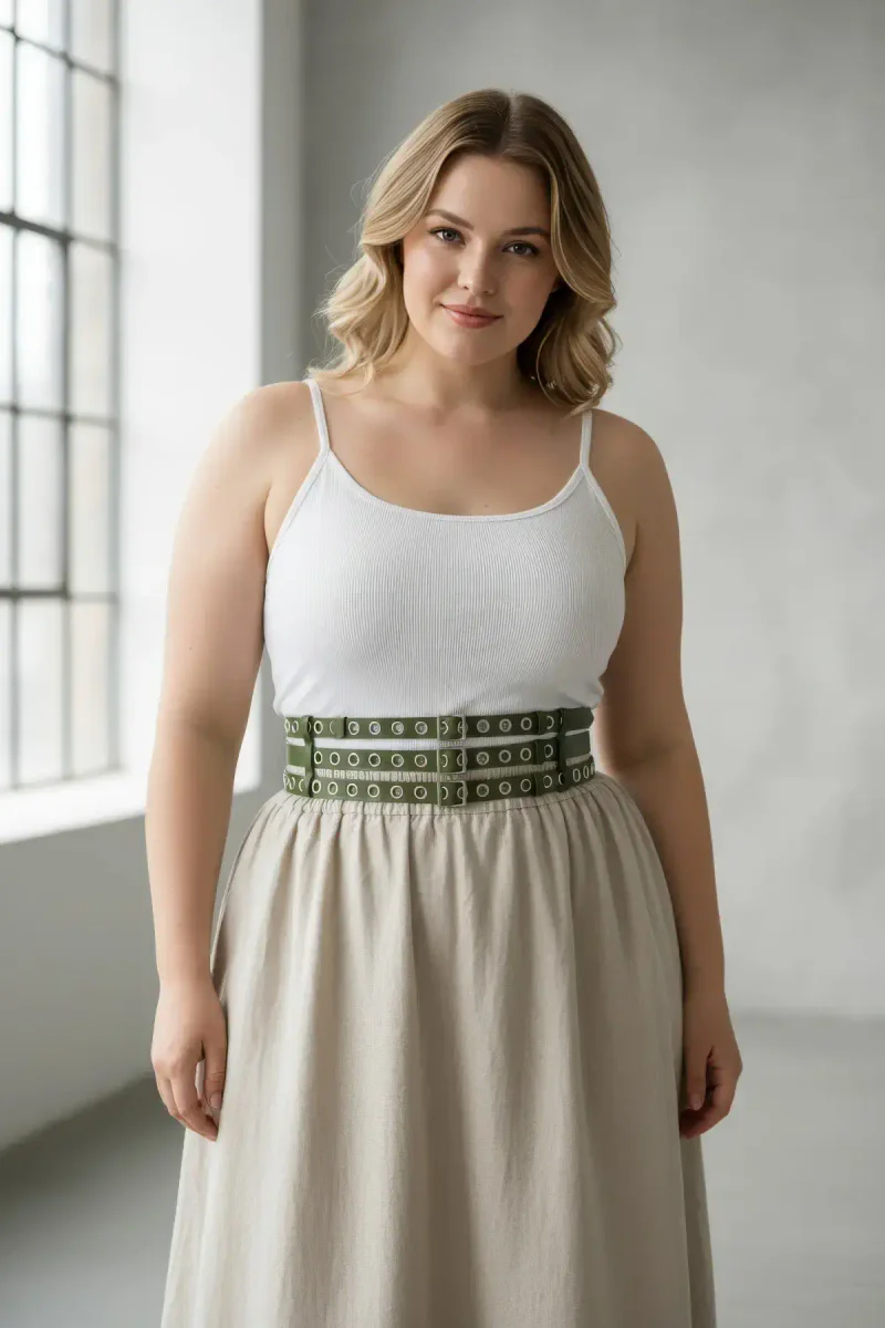 Khaki triple-strap waist belt worn