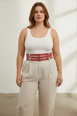 Large Size Red Women's Belt Thick Leather Waist Accessory with Multiple Buckles - APFT641