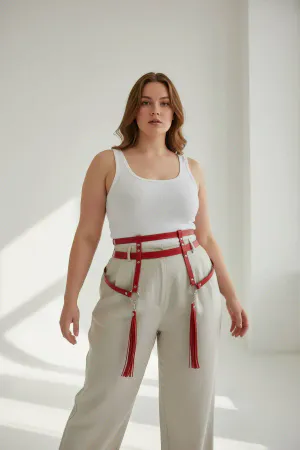 Plus Size Red Women's Belt Leather Garter Accessory with Tassel Detail - APFT645