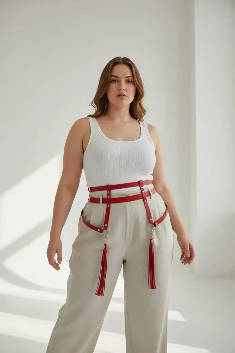 Red Vegan Leather Waist Harness Front View O