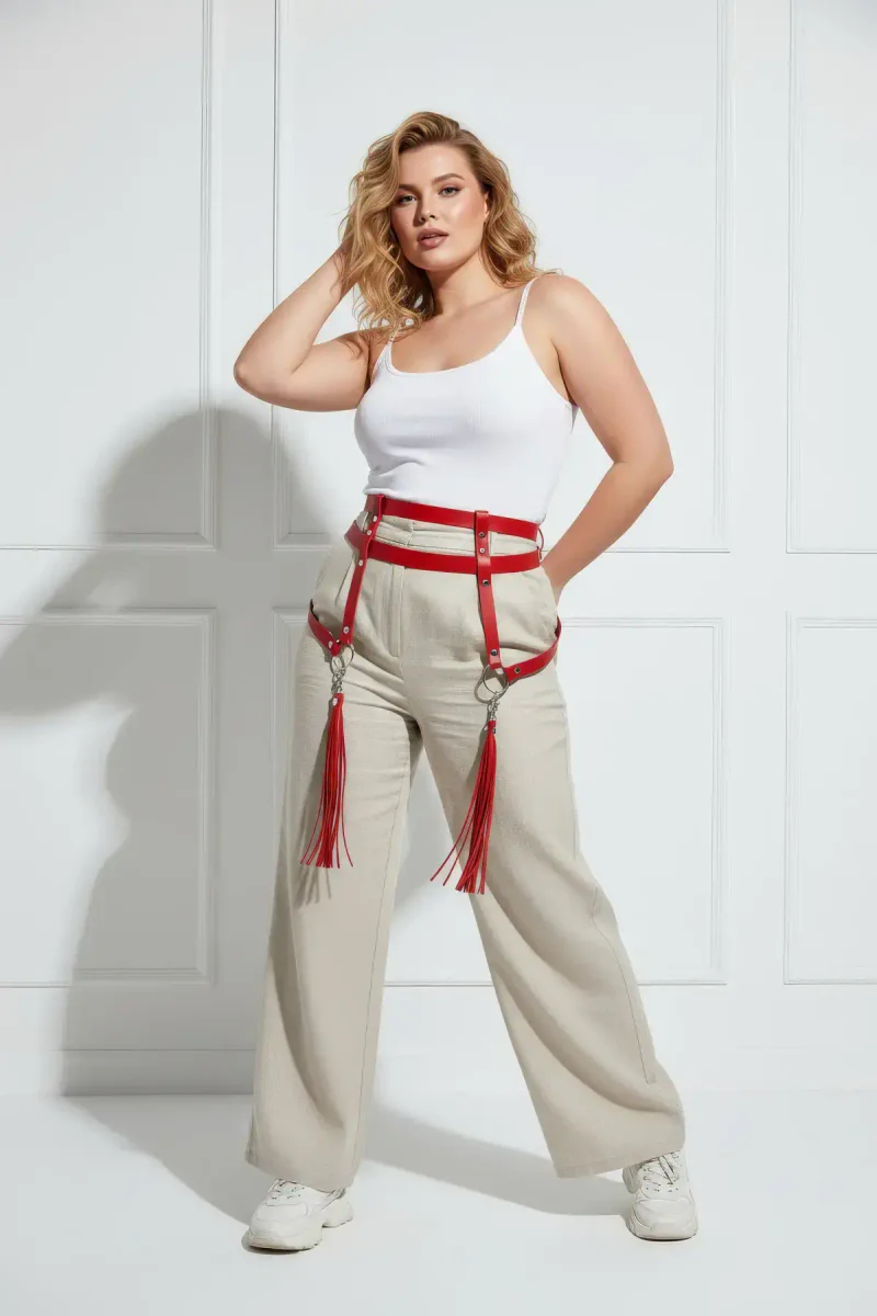 Red Body Harness Outfit Over Linen