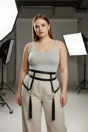 Plus Size Black Women's Belt Garter Style Tassel Detailed Body Accessory - APFT645