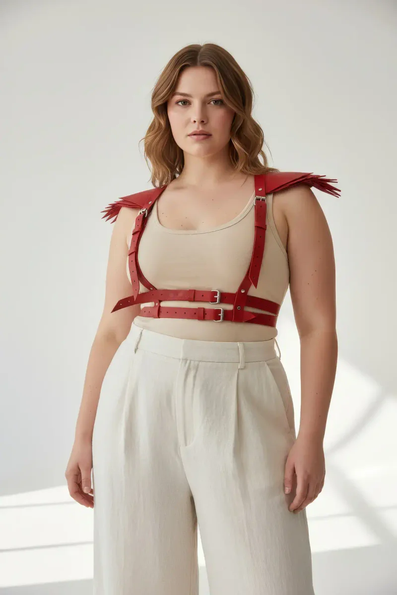 Red Vegan Leather Shoulder Harness Front View Buck