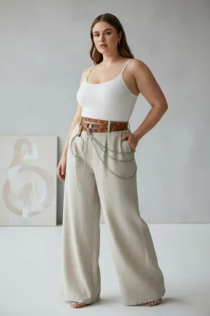 Plus Size Tan Women's Belt with Chain Detail and Link Trendy Design - APFT731