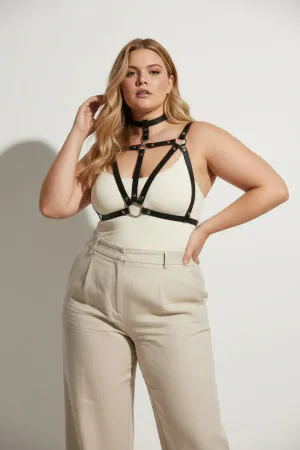 Plus Size Black Women's Belt Leather Body Accessory with Choker Detail - APFT747