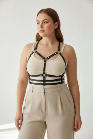 Plus Size Black Women's Belt Leather Harness with Metal Detail - APFT760