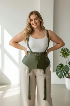 Plus Size Khaki Women's Belt Corset Cut Shoulder Strap Tassel Detailed - APFT787