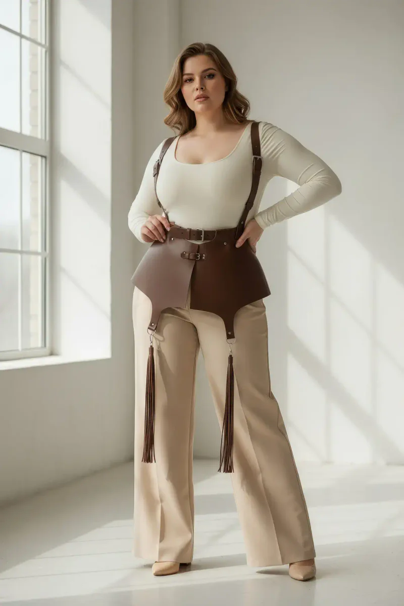 Brown vegan leather corset harness front view with
