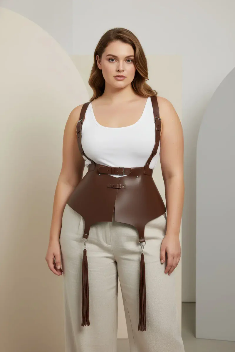 Plus size corset harness fashion outfit with brown