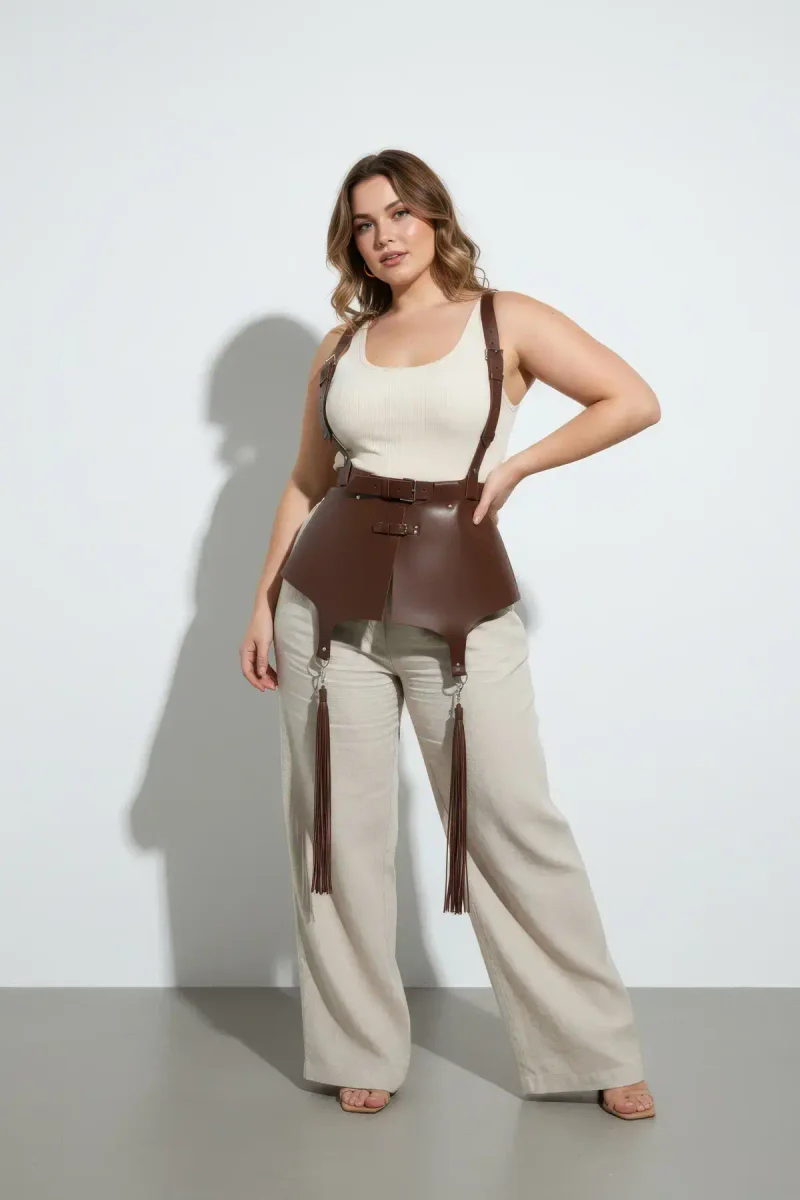 Brown faux leather corset harness with tassels and