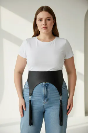 Plus Size Black Women's Belt Wide Corset Model with Tassel Detail - APFT788