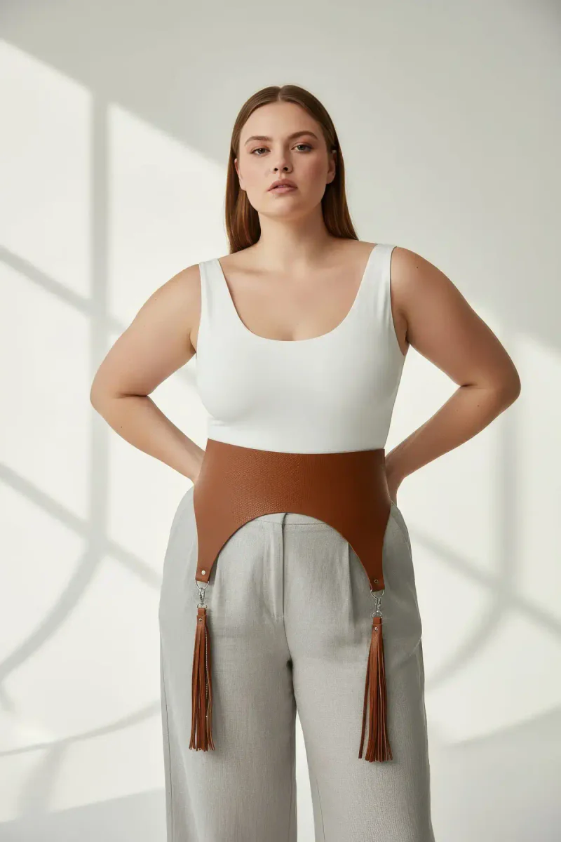 Tan Wide Waist Harness Front View Fringe