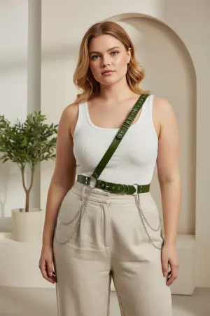 Plus Size Khaki Women's Leather Body Belt with Chain Detail - APFT813