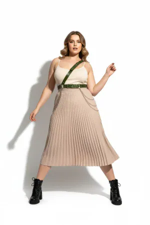 Plus Size Khaki Women's Leather Body Belt with Chain Detail - APFT813