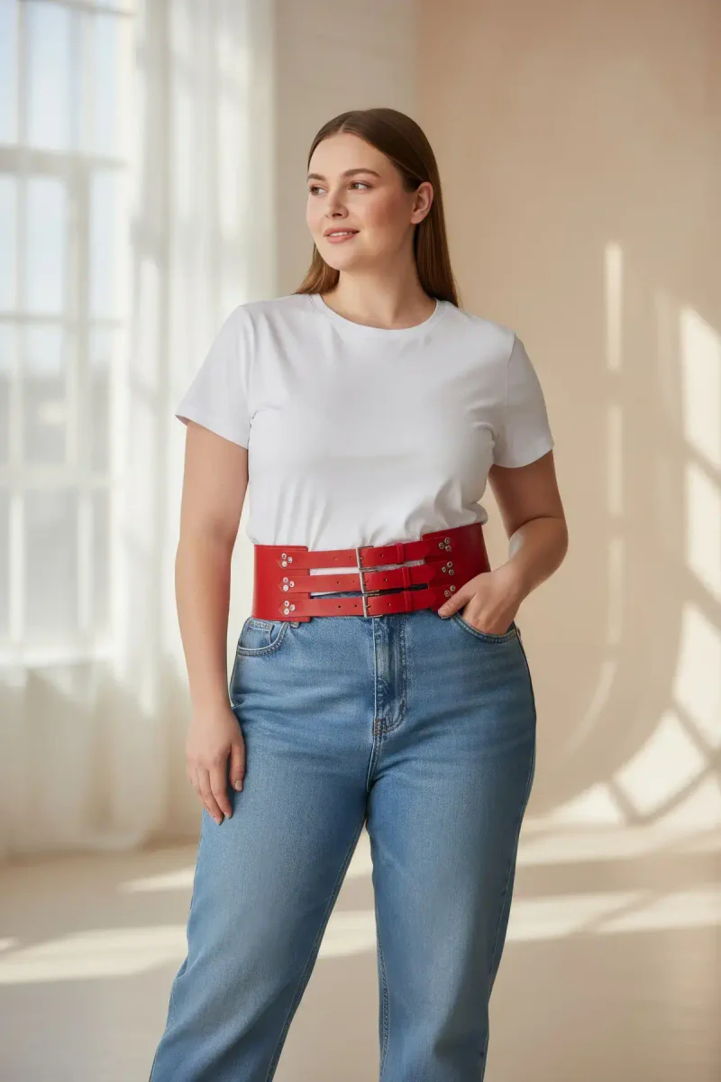 Red Faux Leather Wide Belt Front View