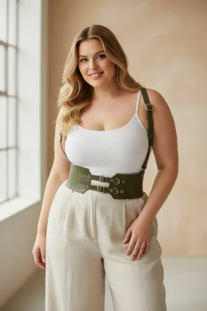 Plus Size Khaki Women's Leather Belt Shoulder Strap Corset Model with Eyelet Detail - APFT853