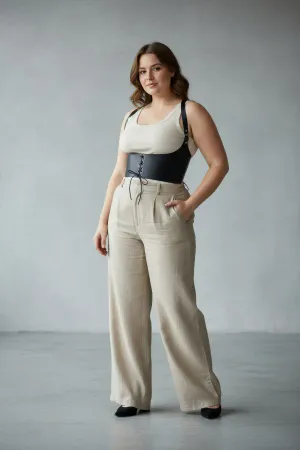 Plus Size Black Women's Belt Shoulder Strap Lace Up Corset Detailed - APFT855