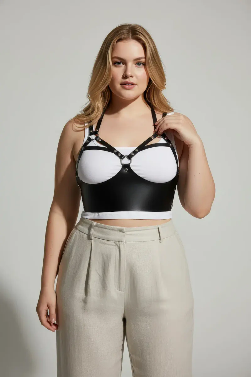 Plus size black faux leather harness