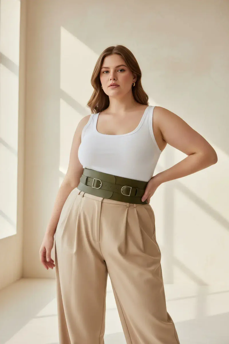 Khaki Vegan Leather Wide Waspie Waist Belt Double Buckle