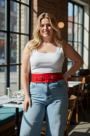 Plus Size Red Women's Belt Wide Corset Look with Double Buckle - APFT875